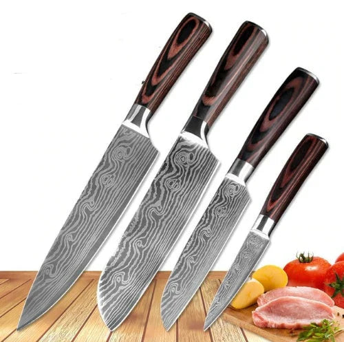 Premium 8-Piece Stainless Steel Chef Knife Set with Elegant Damascus Pattern Blades and Ergonomic Handles