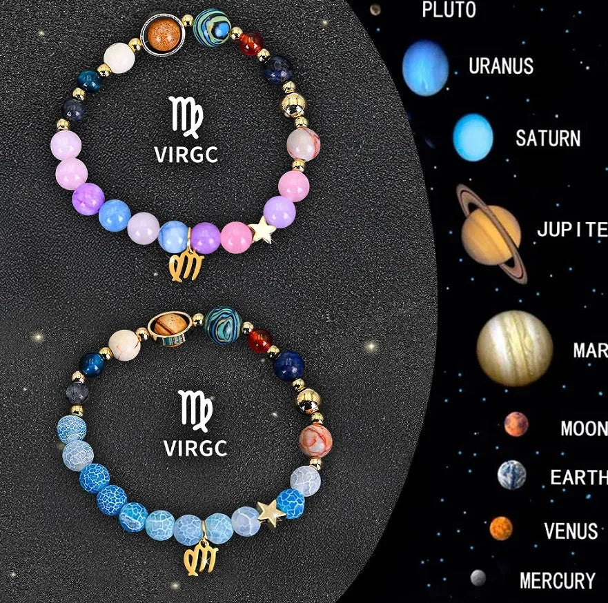 Twelve zodiac sign beaded bracelet set with natural stone beads and adjustable clasp