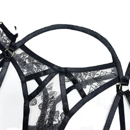 Women's black lace mesh floral print three-piece set showing top, pants and waist ring
