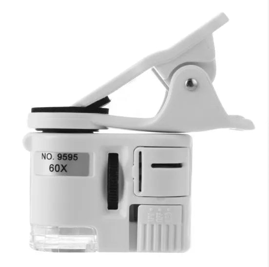 60X mobile phone microscope camera clip with LED light, ABS metal acrylic lens, 40x33x20mm, universal smartphone macro lens