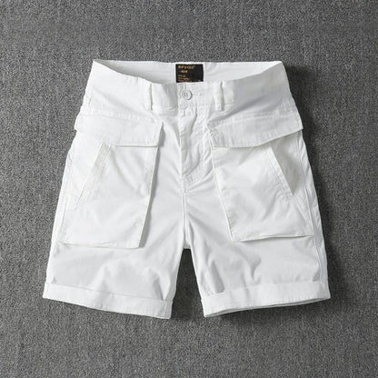 Men's straight-leg cargo shorts in Army Green with multiple pockets, showing micro-elastic cotton fabric detail