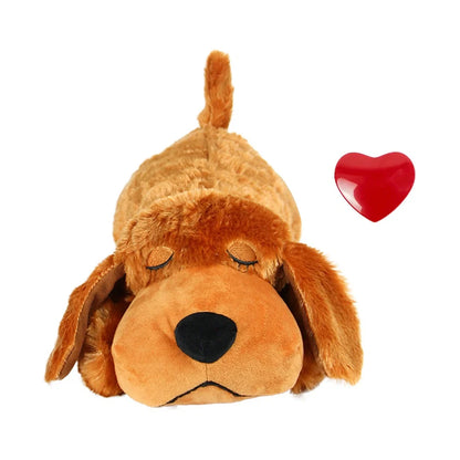 Light brown plush dog toy measuring 37cm long with heartbeat accessory for pet anxiety relief