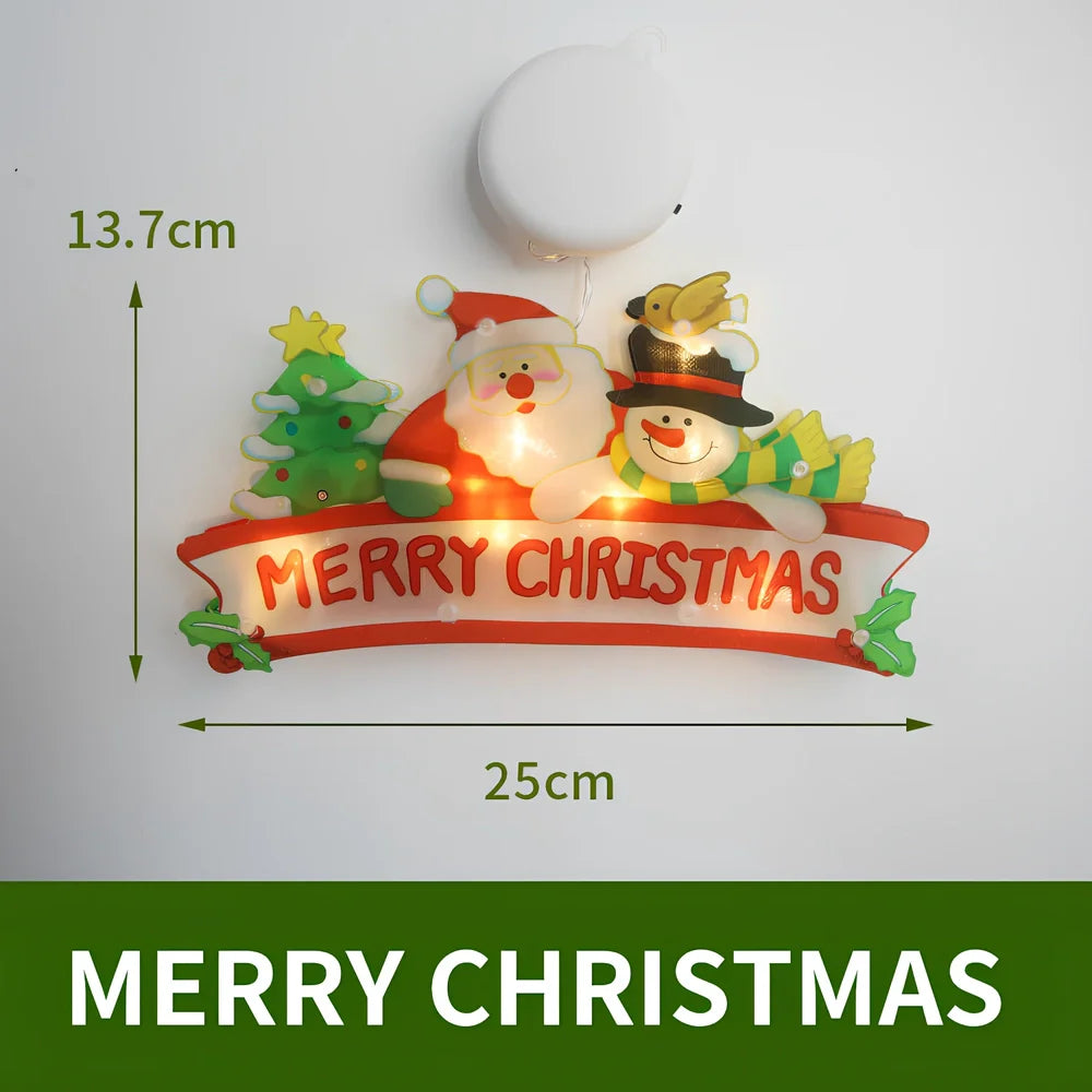 LED Christmas hanging lights with suction cups showing snowman design illuminated on window