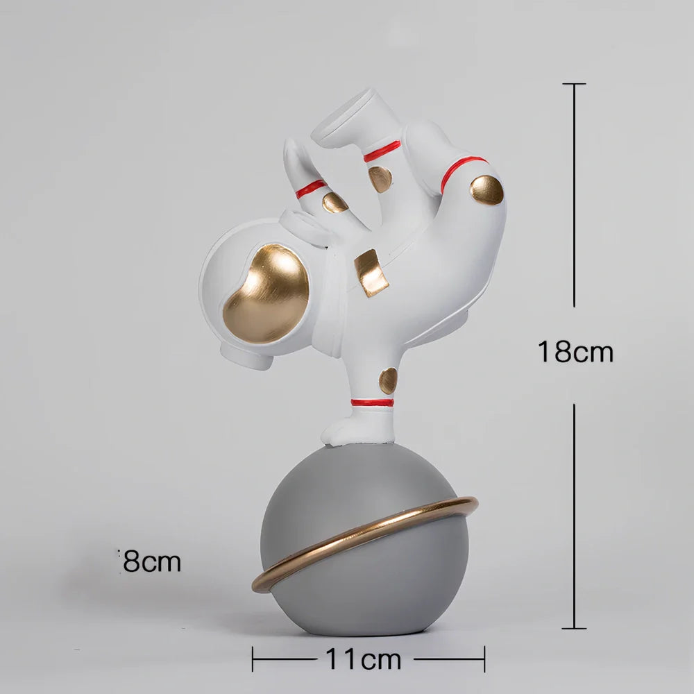 Hand-carved resin astronaut decoration in red or white with handstand, meditate, or skateboard poses