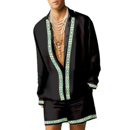 Men's slim fit summer shirt and shorts set in polyester with long sleeves, available in multiple colours