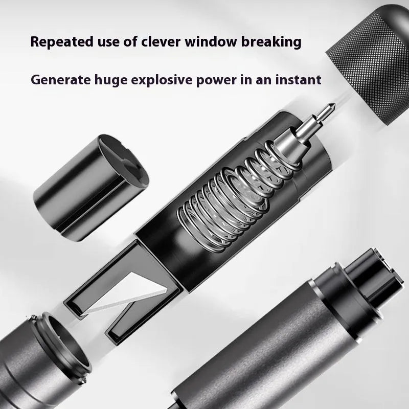 Gun grey aluminium car safety hammer with seatbelt cutter on a 3M rubber base, measuring 87mm long.