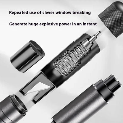 Gun grey aluminium car safety hammer with seatbelt cutter on a 3M rubber base, measuring 87mm long.