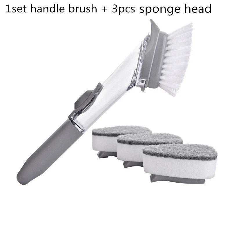 Long-handled kitchen cleaning brush with removable head, designed for efficient and hygienic scrubbing of dishes, bowls, and surfaces.