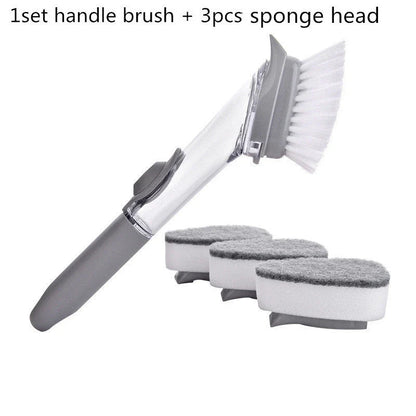 Long-handled kitchen cleaning brush with removable head, designed for efficient and hygienic scrubbing of dishes, bowls, and surfaces.