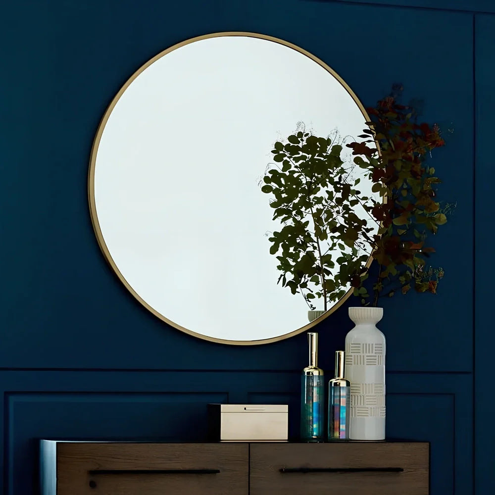 30cm round bathroom wall mirror with iron frame in black, white, or gold colour options