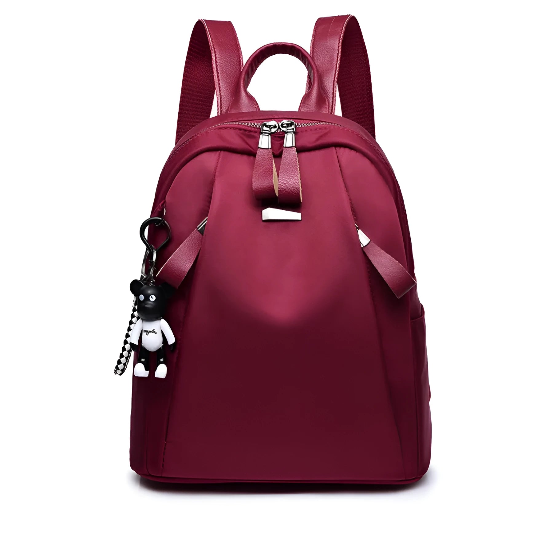 Medium square rucksack in Oxford cloth with two straps and a soft handle, shown in wine red.