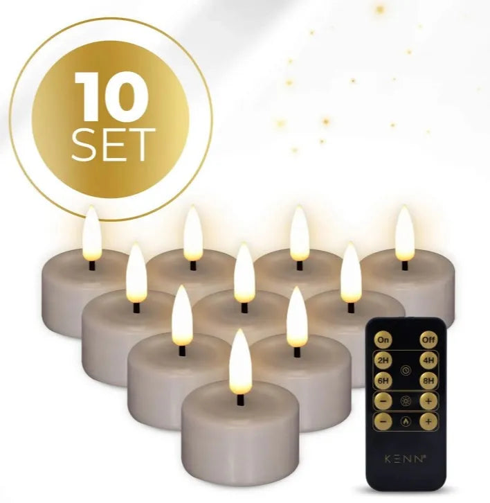 Four taupe-coloured LED tealight candles with 3D flame effect, measuring 4.1cm diameter