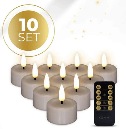 Four taupe-coloured LED tealight candles with 3D flame effect, measuring 4.1cm diameter