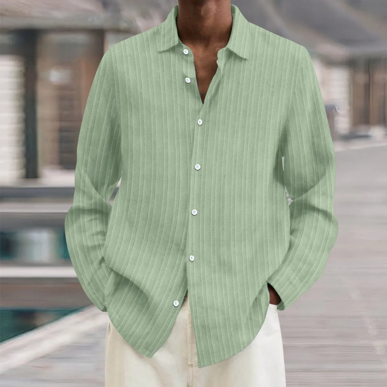Men's striped British style cardigan shirt in polyester flat mop cloth fabric