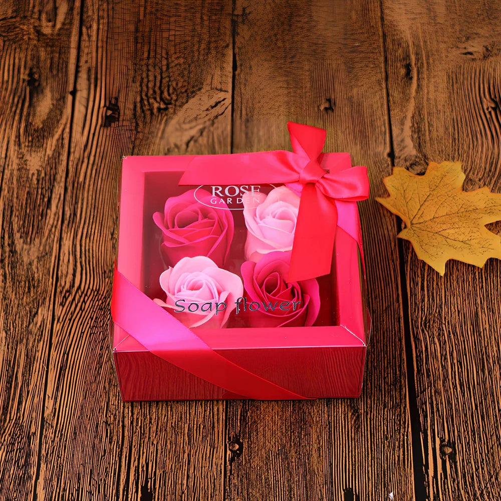 Handmade soap flower gift box in red heart-shaped tin with three blooms and bear, 12x12x5 cm for Valentine's Day