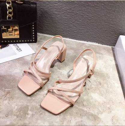 Women's thick-heel sandals with 8cm+ middle heel, one-word strap design in apricot colour showing backless style