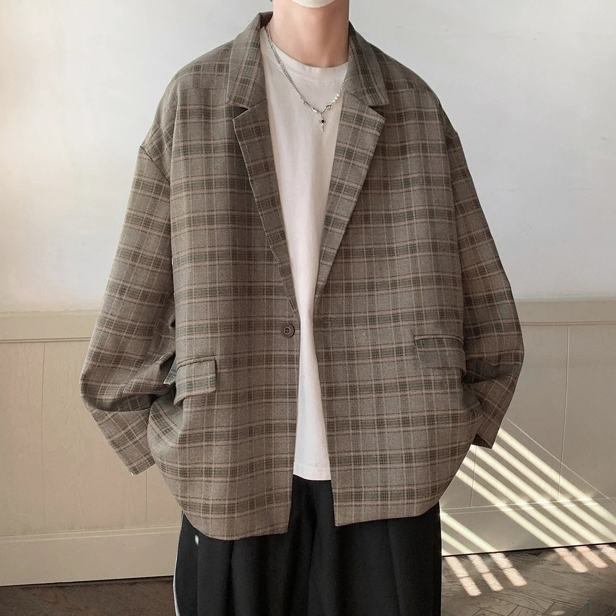 Men's retro plaid loose jacket in acetate fibre, sizes M to 4XL, casual outerwear