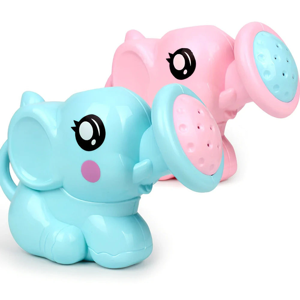 Blue plastic elephant water spray toy, 14.5cm long with handle for baby bath rinsing, smooth surface and mesh storage bag