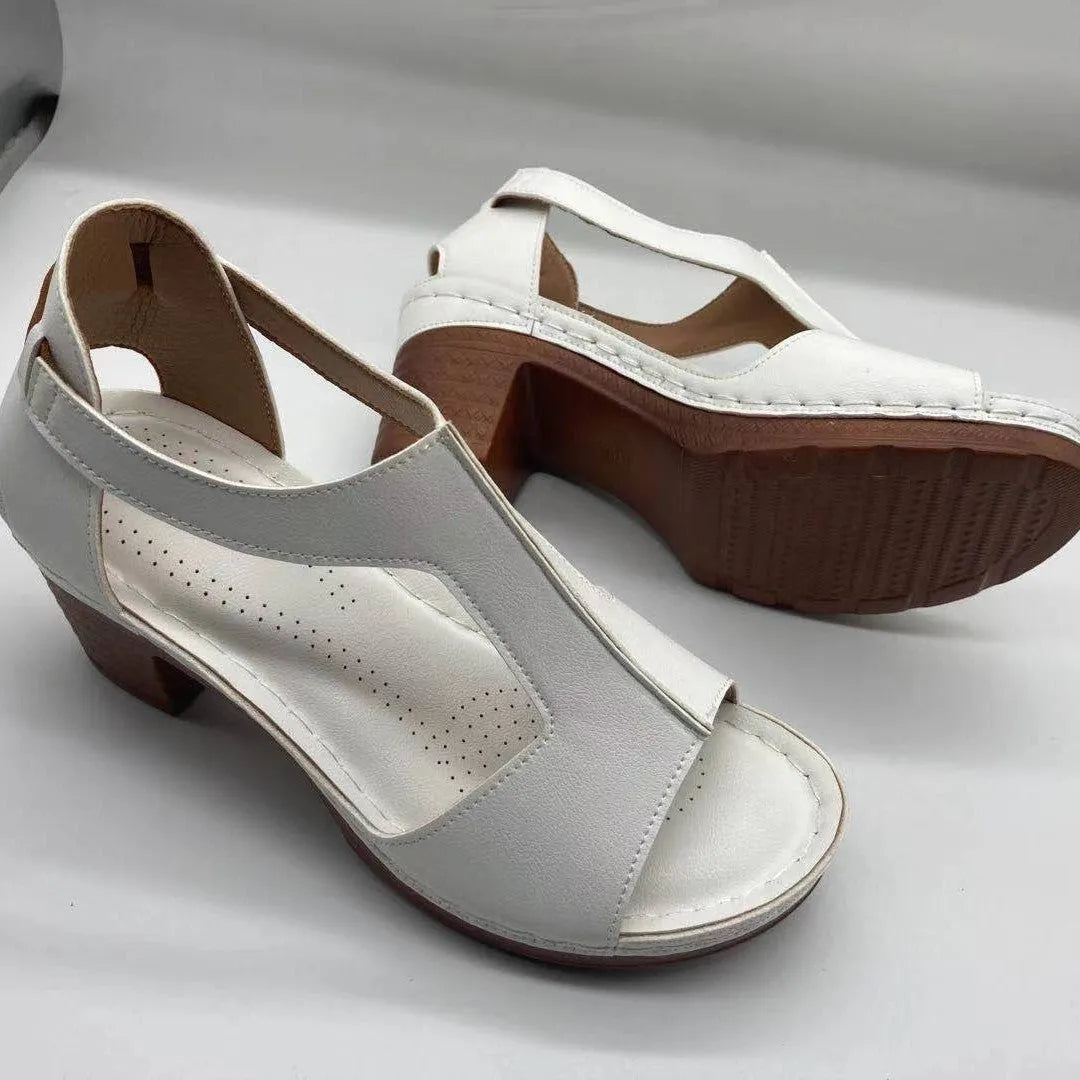 Plus size women's peep toe wedge sandals with adjustable buckle strap in light brown colour