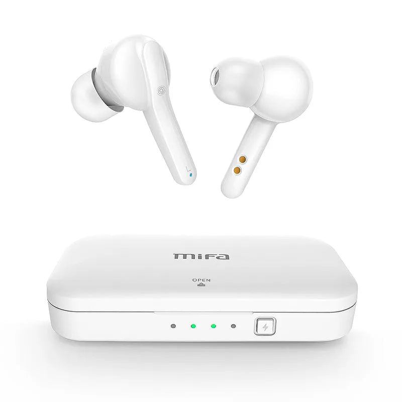 Black TWS wireless earbuds with charging case showing Bluetooth 5.0 and IPX5 waterproof features