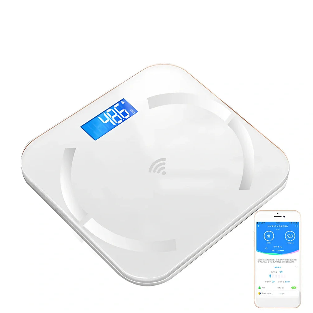 Youmei digital weight scale with 6mm tempered glass surface and blue backlit LCD display showing weight measurement