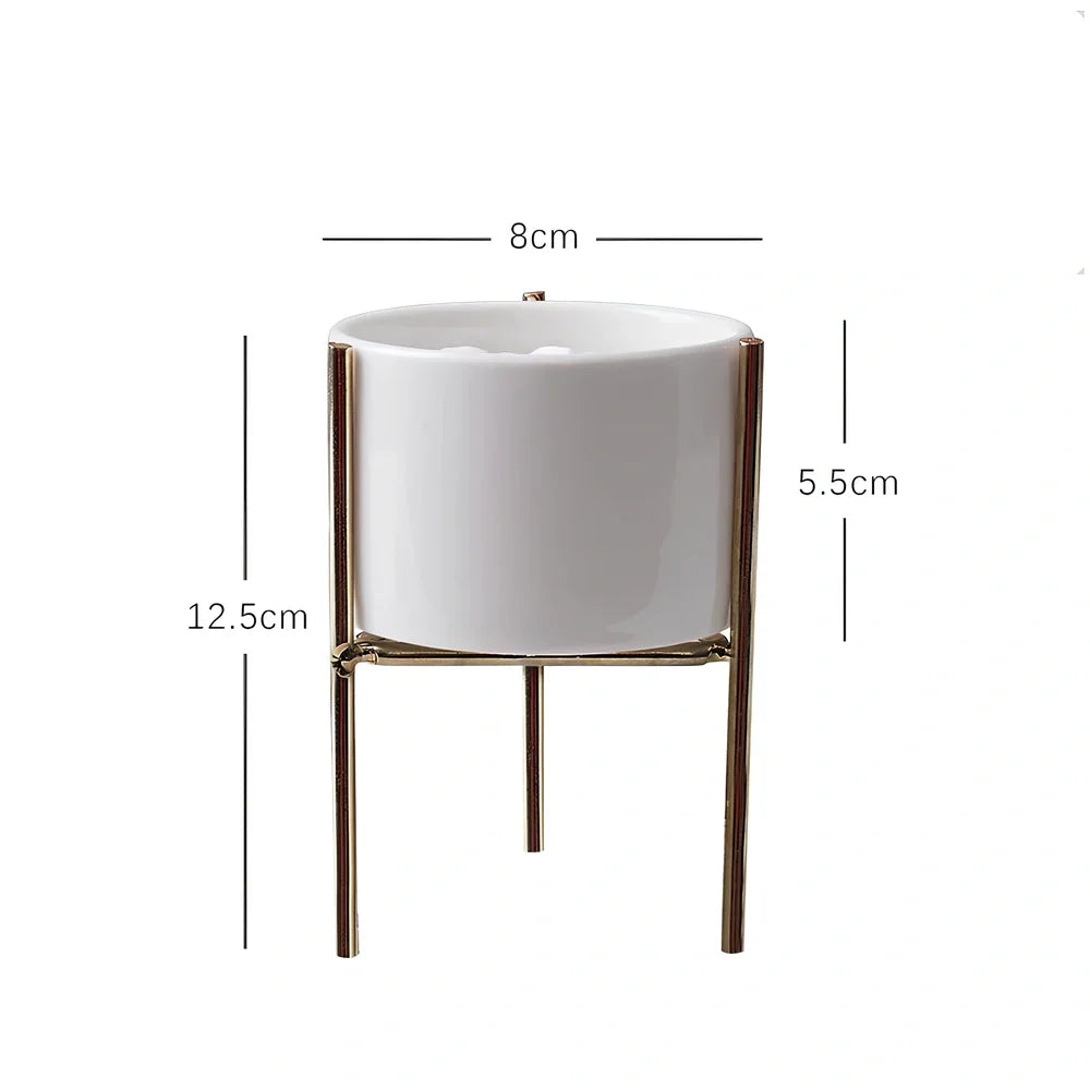 Black iron frame succulent flowerpot with white ceramic insert showing 12.5cm and 16.5cm size options