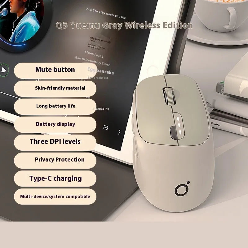 Mute wireless Bluetooth computer mouse in Matcha Green colour on a desk, showing its compact size and 5-button layout.