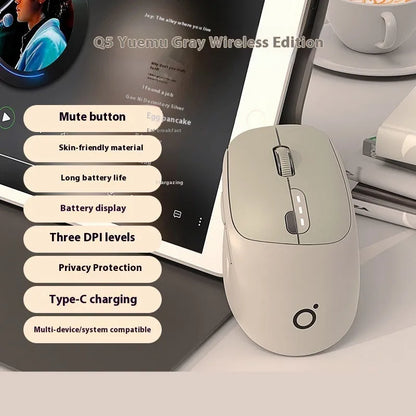 Mute wireless Bluetooth computer mouse in Matcha Green colour on a desk, showing its compact size and 5-button layout.