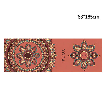 Blue anti-slip yoga mat with superfine fibre surface showing 65x185cm dimensions and 0.4mm thickness