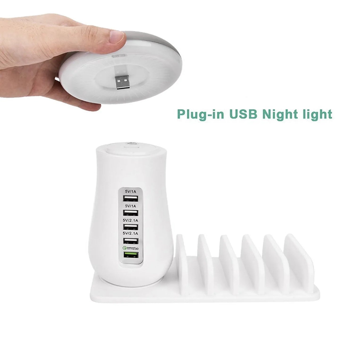 Besegad white mushroom-shaped USB charging dock station with five ports and a built-in LED light on a wooden desk.