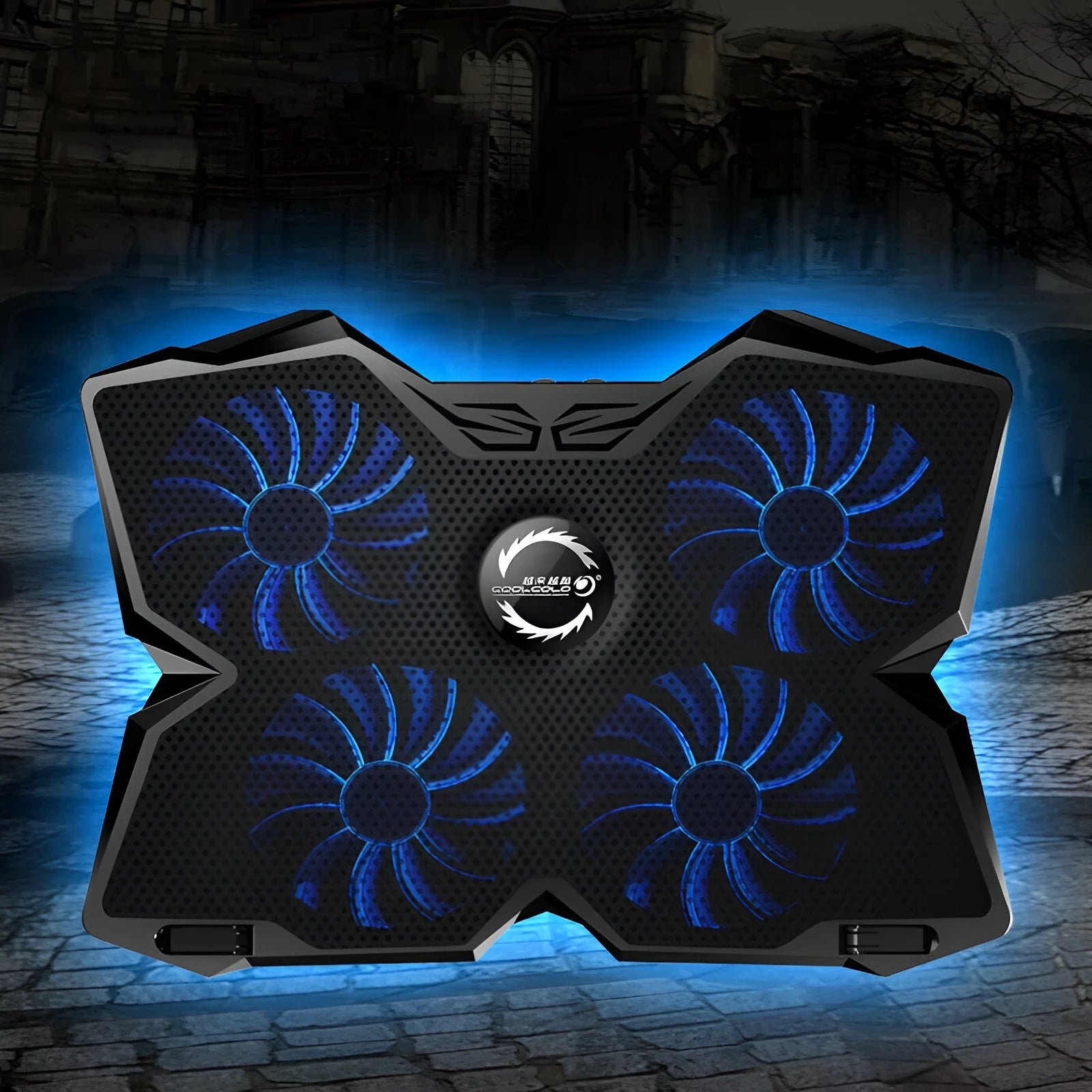 Blue laptop cooling base with four illuminated fans and USB ports for computer heat dissipation