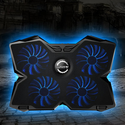 Blue laptop cooling base with four illuminated fans and USB ports for computer heat dissipation