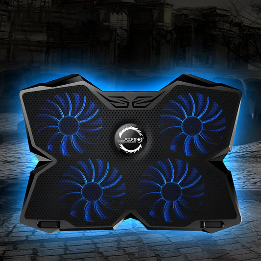 Blue laptop cooling base with four illuminated fans and USB ports for computer heat dissipation