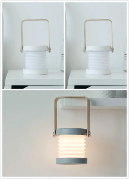 White foldable USB rechargeable LED night light in both table lamp and tall lantern modes.