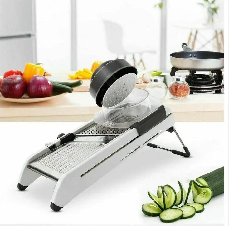 A versatile vegetable chopper with adjustable slicing, shredding, and waffle-cutting blades made of food-grade materials