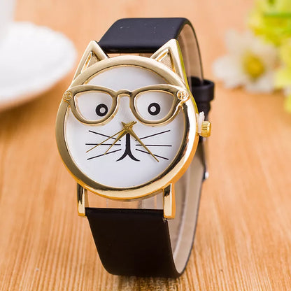 Cat face cartoon children's watch with quartz movement and multiple color options