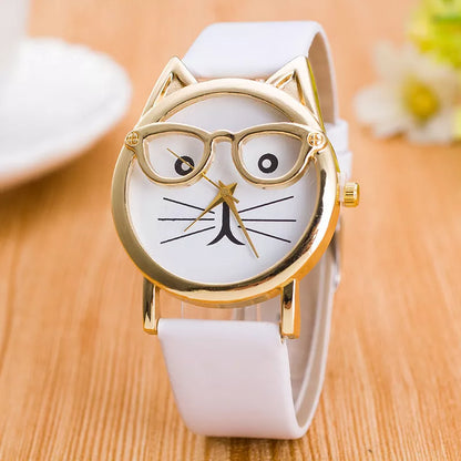 Cat face cartoon children's watch with quartz movement and multiple color options