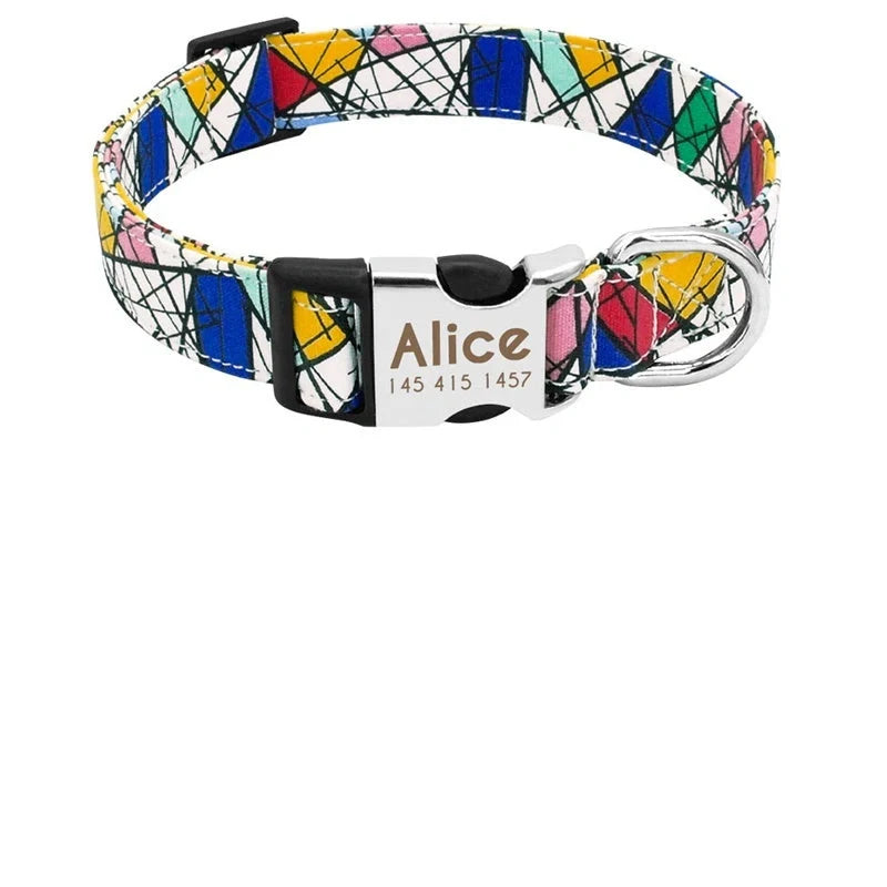 Custom engraved nylon dog collar with adjustable strap and personalized tag in various colors