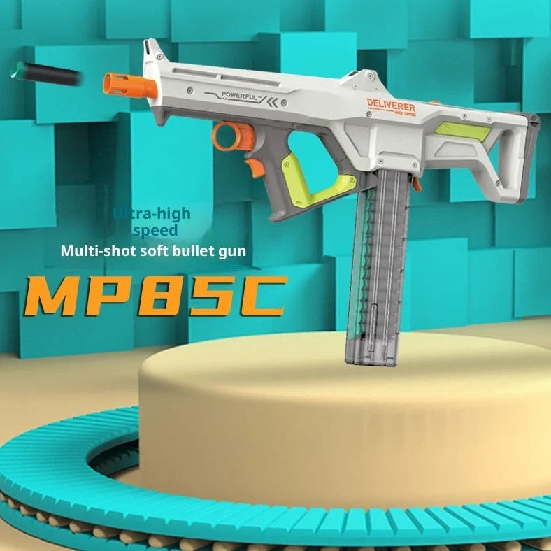 MP85C electric continuous hair soft bomb toy gun with 12-dart capacity and battery-powered firing mechanism
