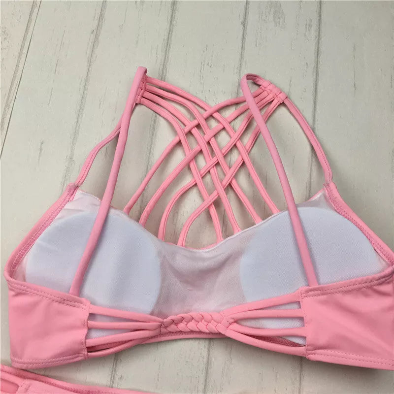 Pink Bandage Cut-Out Halter Bikini for women with unique design and durable fabric