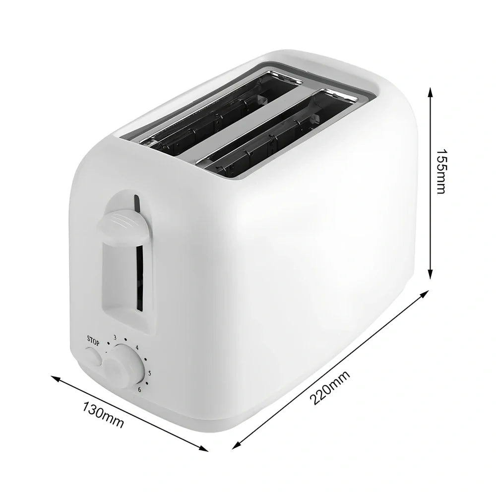 White automatic toaster with six heat settings and stainless steel interior measuring 23cm wide