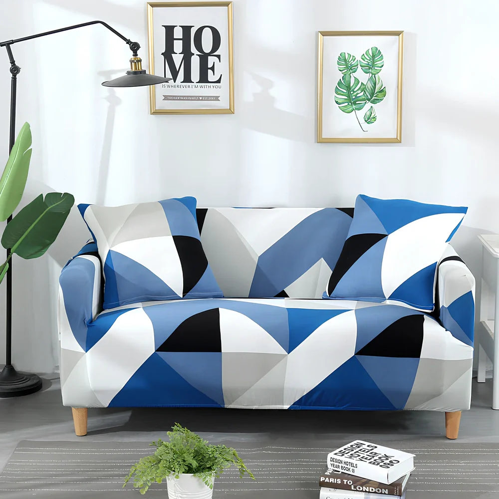 Elastic sofa cover with stripe pattern stretched over 3-seat sofa in living room setting