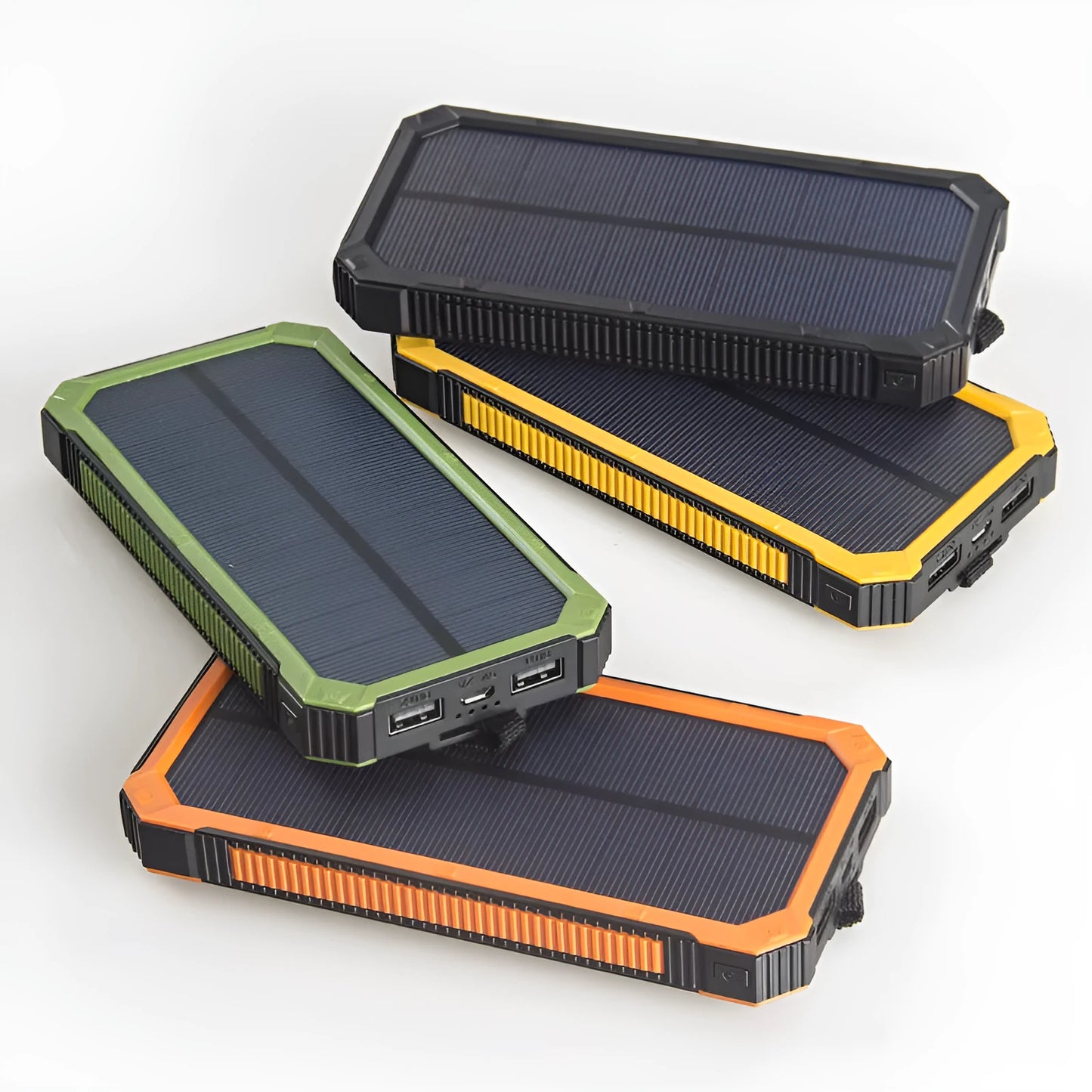 Orange portable solar power bank with USB port and solar panel, showing dimensions of 161x79x17mm.