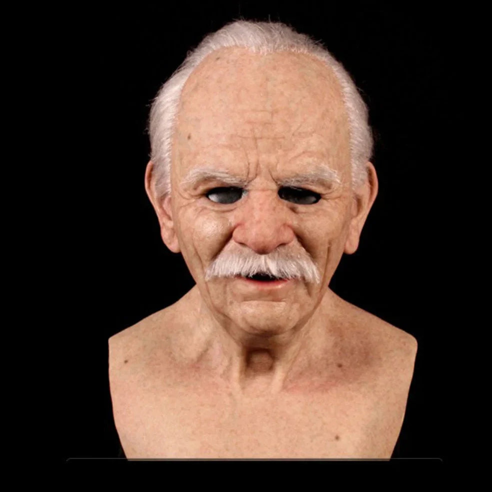 Latex old man Halloween mask with white hair and beard showing realistic facial wrinkles