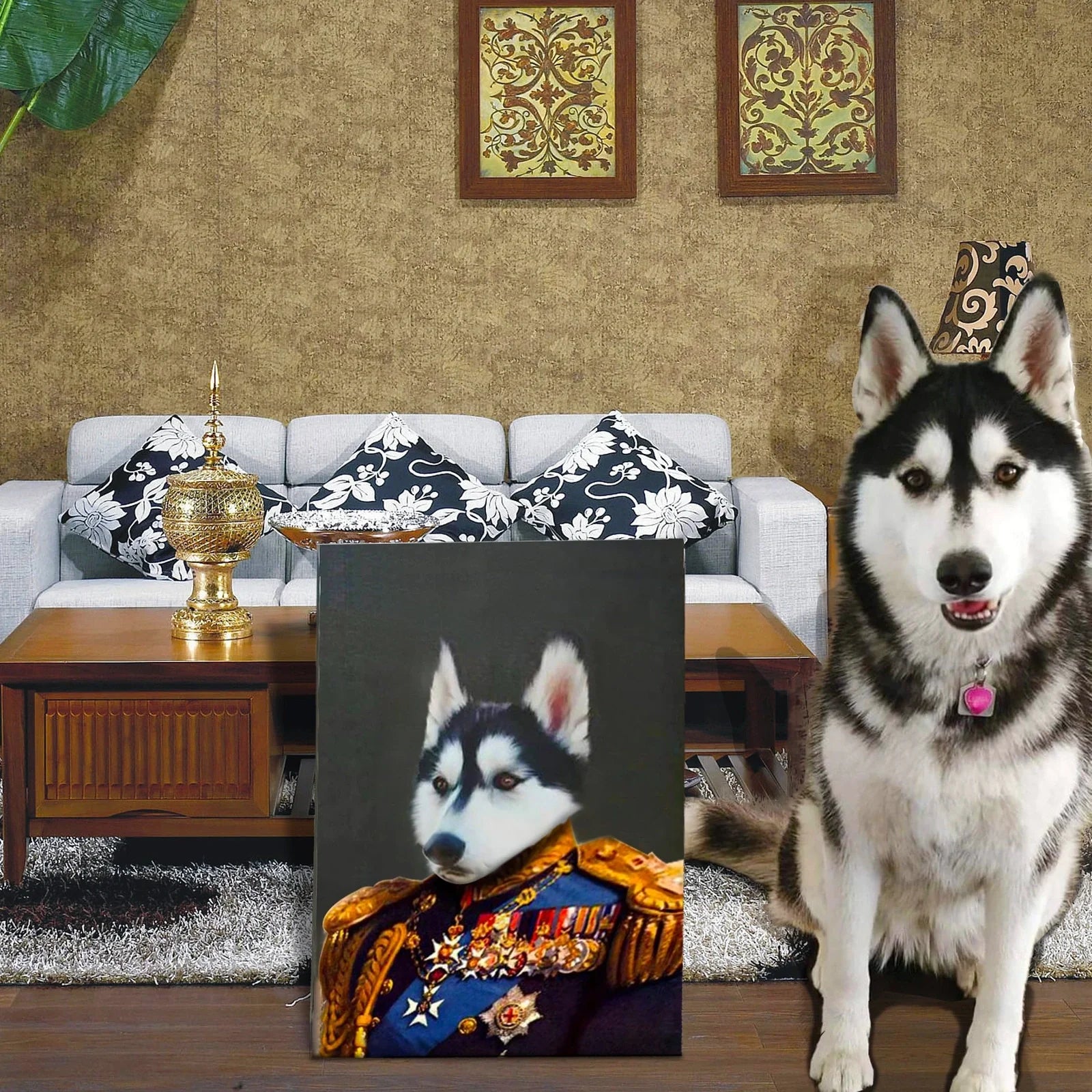 Personalised pet canvas portrait showing Renaissance-style transformation with frameless mounting