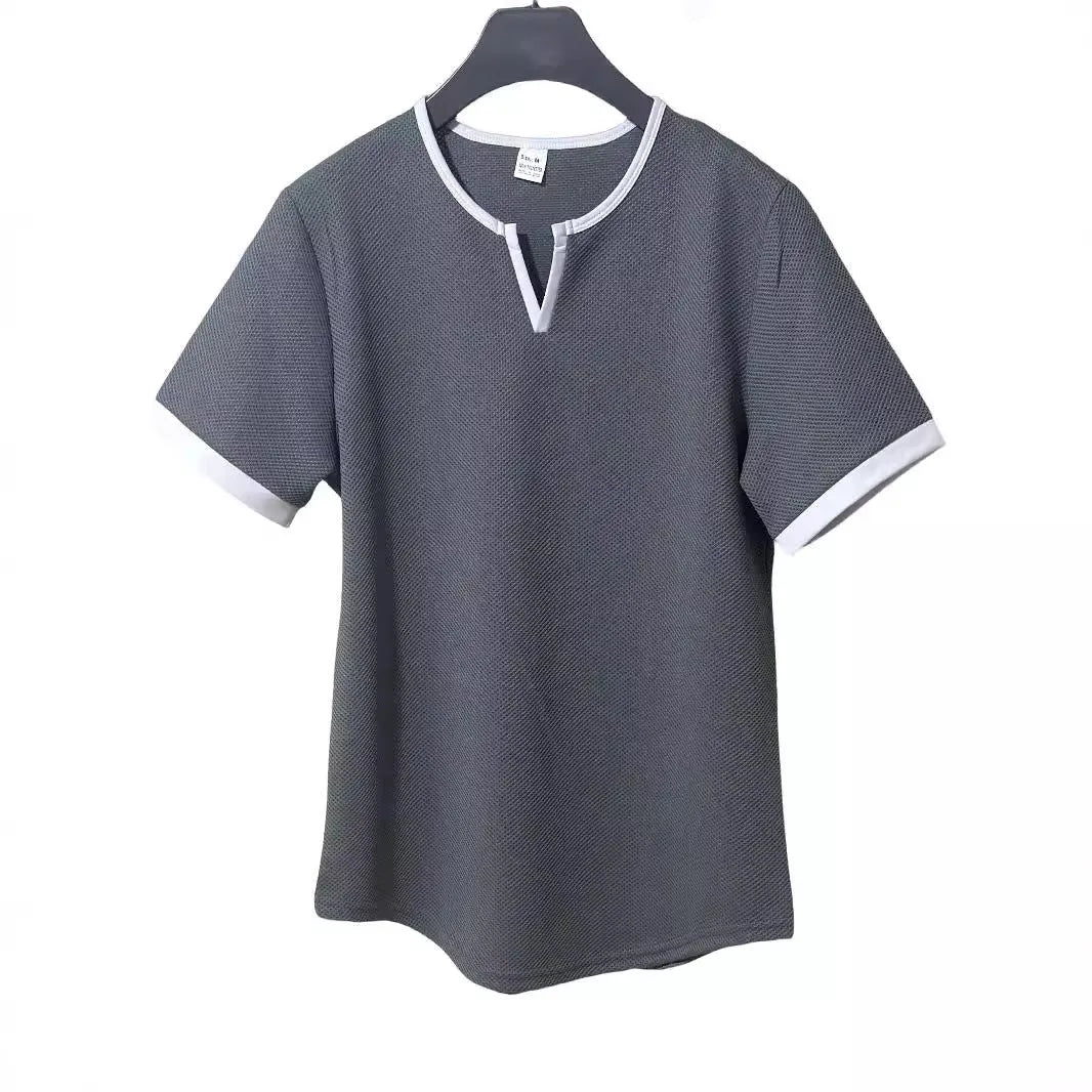 Men's colour-block V-neck waffle texture t-shirt in polyester for sports