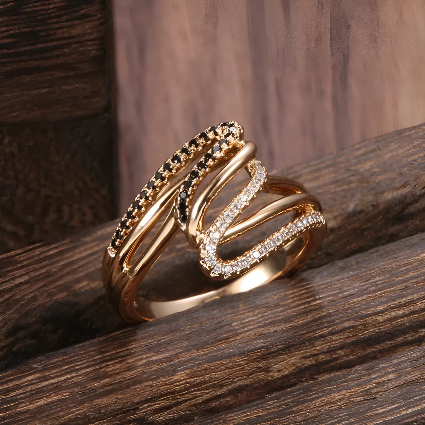 Women's copper ring with micro-inlaid zircon stones and electroplated finish in WK2230 colour