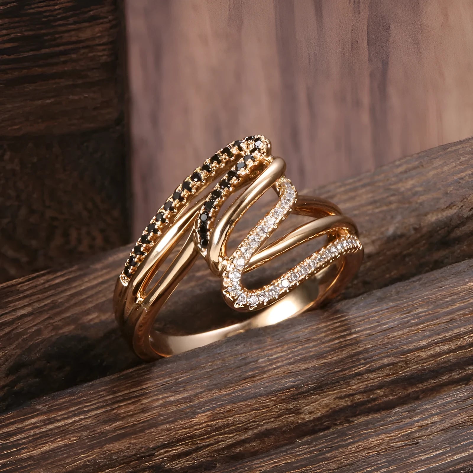 Women's copper ring with micro-inlaid zircon stones and electroplated finish in WK2230 colour