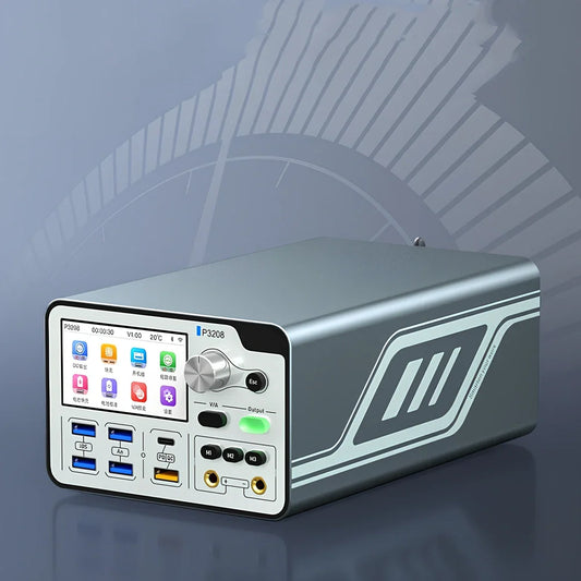 Smart voltage regulator power meter showing 3-inch display with power metrics and connection ports