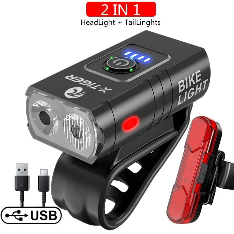 USB rechargeable bike light with double T6 lamp beads, 1200 lumens, aluminium alloy frame, IPX-6 waterproof
